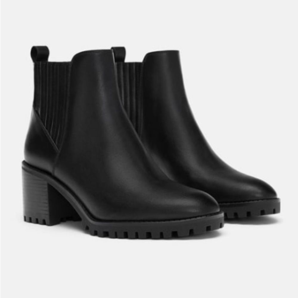Zara Leather Black Rubber Chunky‎ Heeled Chelsea Ankle Boots 8